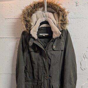DKNY Women's Anorak Twill Olive Green Parka Faux Fur Hood Jacket - Size S
